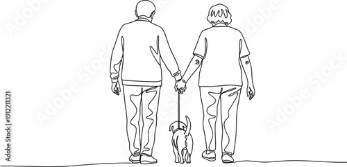 Black and white vector illustration of two people walking hand in hand with small dog on leash, peaceful companionship design