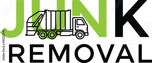 Junk removal logo with garbage truck illustration and bold green lettering, waste management service branding vector isolated on light background