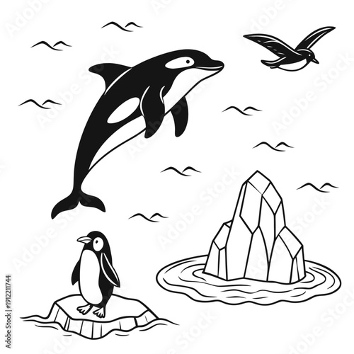 An orca, penguin, and seagull near an iceberg Vector