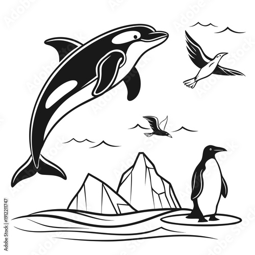 An orca whale and a penguin near icebergs Vector