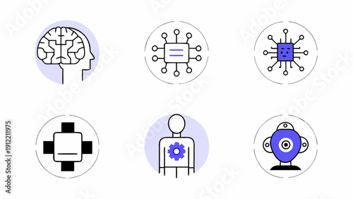 A collection of six circular icons related to technology and the human brain Vector