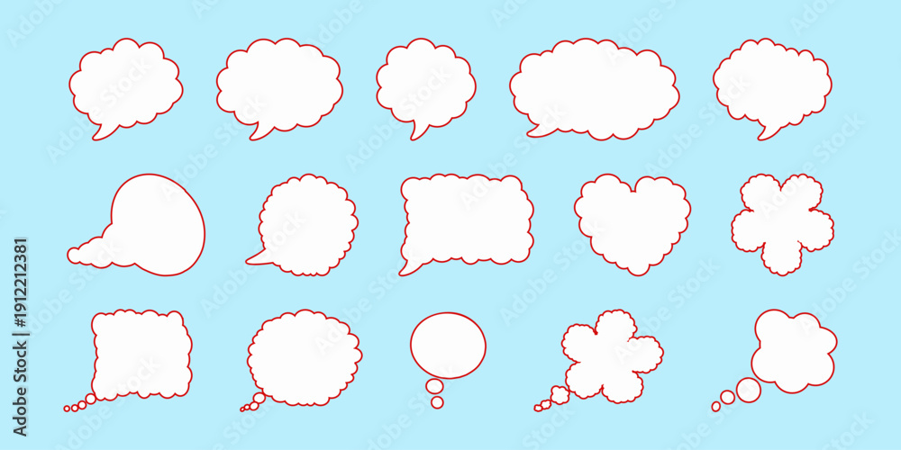 Fototapeta premium Set of white speech bubbles baloon Red base Various shapes for messages, dialogs, communication concepts comics, chat interfaces, infographics, marketing, presentations, apps, creative design projects