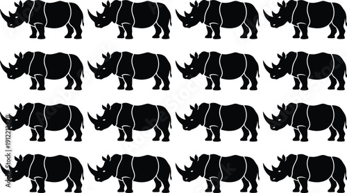 Rhinoceros seamless pattern with repeating black silhouette side view, wildlife safari background design isolated on light backdrop for textile, print and branding