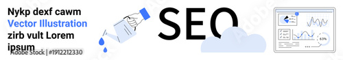 Digital marketing, SEO strategy, analytics, business optimization, data management, cloud computing. Graphs and cloud next to SEO text. Digital marketing and SEO strategy