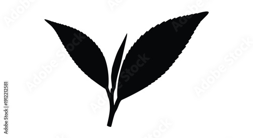 Simple black silhouette of a tea leaf with two leaves and a stem