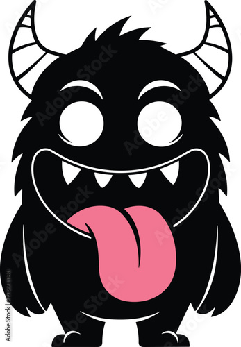 Cartoon monster with striped horns, furry body, wide mouth, tongue out, playful vector illustration for children, fantasy, humorous themes
