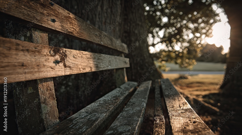 Obraz premium Close view of a wooden park bench in soft light. AI generated image