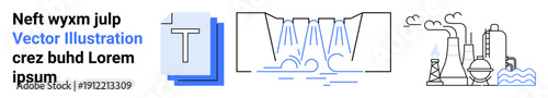 Sustainable energy, water treatment, industrial development, factory production, clean energy, and infrastructure. A water dam, factory chimneys and stylized text element. Renewable energy