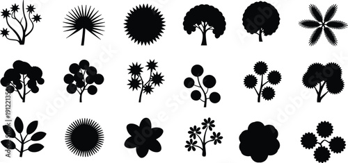 Black Botanical Silhouettes Collection, Trees, Shrubs, Flowers and Foliage Icons, Aerial and Side View Vectors for Landscape Design Commercial Projects