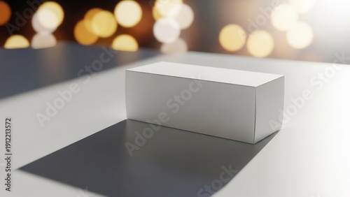 White rectangular box casting a long shadow on a white surface with bokeh lights in the background creating a minimalist and elegant composition.