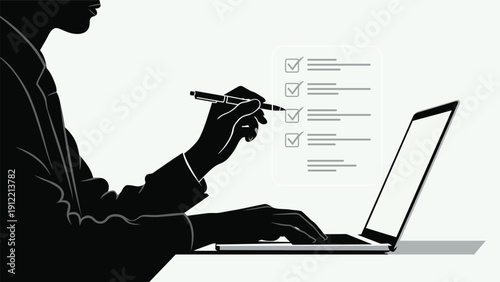 Person working on laptop with pen in hand