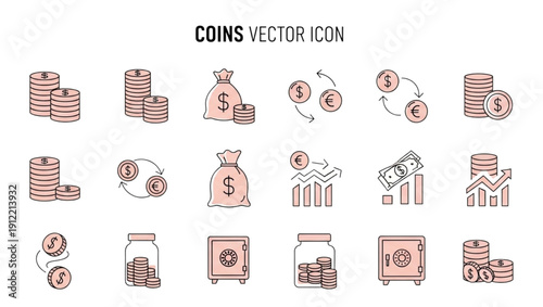Vector icons depicting coins money bags and financial growth in a simple style