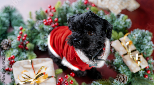 A Bolonka dog dressed as santa