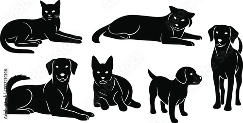 Black cat and dog silhouettes, stylized animal illustration, sitting and reclining poses, minimal design, vector art, pet graphic design