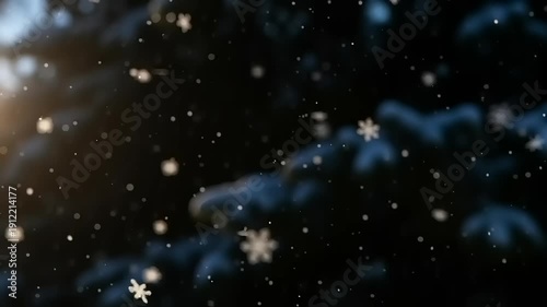 Snowflakes Falling Against Dark Background Christmas Scene.