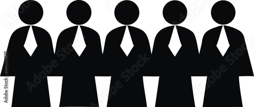 Five Business Professionals Icon - Black Silhouette Vector Illustration of a Corporate Team Lineup, Ideal for HR, Management, and Organizational Structure Graphics on White Background.