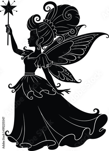 Black silhouette of magical fairy godmother with wings, holding star magic wand, isolated on white background for fantasy design, vector.