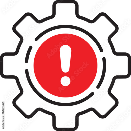 Technical Alert Icon: A visual symbol representing a technical alert or warning, featuring a gear icon with a central red circle housing an exclamation mark.