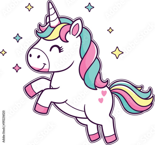 Cartoon unicorn with multicolored mane, prancing pose, surrounded by pastel stars, fantasy vector illustration for children, whimsical themes