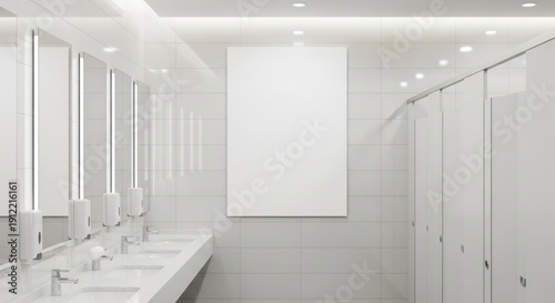 Vertical poster mockup hanging on a white tiled wall in a bright, modern public restroom with multiple sinks, mirrors, and toilet cubicles. Clean minimalist interior design template.