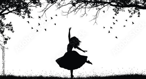 Dancing girl silhouette, woman ballet pose, flying birds nature scene, tree branches background, freedom concept, black white art, vector, illustration