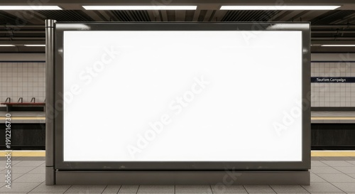 Horizontal Blank Advertising Billboard Mockup on Subway Platform. Large Illuminated Digital Screen Poster Space Template in Underground Metro Station Environment.