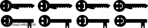 Set of black key icons with smileys as heads on a white background. Silhouetttes of various house or door keys with round heads featuring happy faces. Vector icon set. 