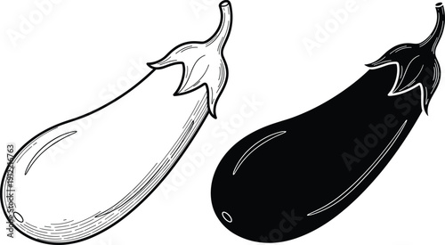 Eggplant illustration black white vegetable set, aubergine line art silhouette isolated on white background for design use