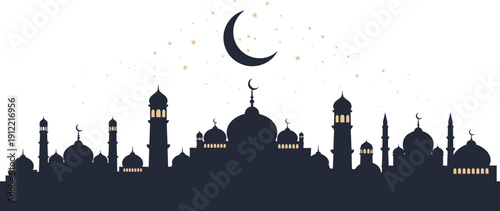 Islamic cityscape silhouette, mosque domes and minarets, crescent moon and stars, Ramadan night skyline, Eid celebration scene, flat vector illustration