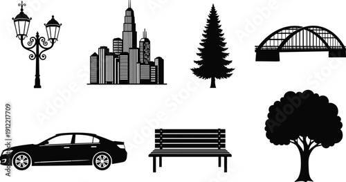 Set of black city silhouette icons, urban landscape elements with car, bridge, park bench, trees, street lamp, and skyscraper vector illustration isolated,