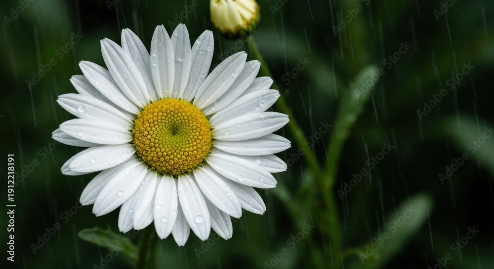 Obraz premium Close-up of a daisy in the rain with yellow center, white petals, and a green background