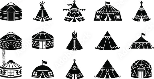 Yurt and tipi tent icon set, nomadic tribal dwellings collection, black silhouette camping and traditional hut vector illustration isolated on white
