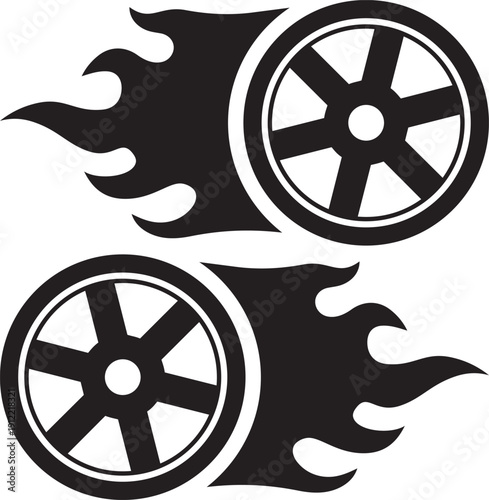Wheels on Fire: A dynamic design showcases wheels engulfed in flames, symbolizing speed and the fiery essence of motion.