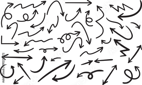 Hand-drawn Arrow Collection: A dynamic assortment of hand-drawn arrows in various shapes and directions, symbolizing guidance, progress, and movement.