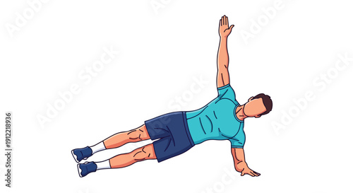 Man in a side plank position with one arm raised against a plain white background.