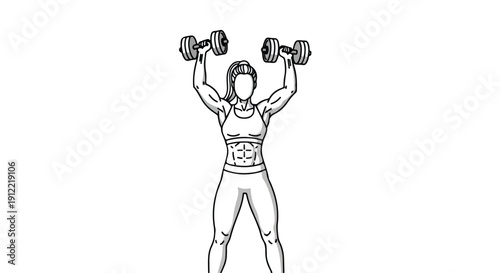 Line drawing of a fit woman lifting dumbbells above her head in a powerful stance against a clean white background.