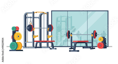 Illustration of a gym interior with exercise equipment and weights in front of a large glass wall