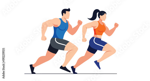 Illustration of a man and woman running side by side in athletic wear against a white background with a dynamic and energetic mood.