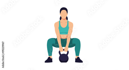 Woman in green athletic wear performing a kettlebell squat exercise on a plain white background.