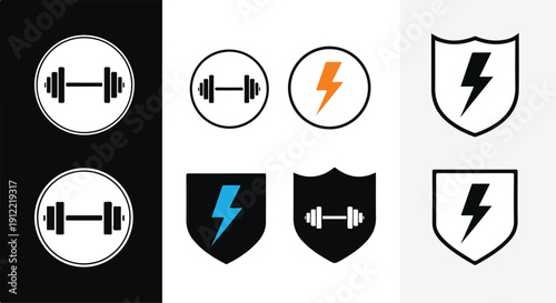 Collection of fitness and energy icons featuring dumbbells and lightning bolts in black, white, and colored versions on a clean background.