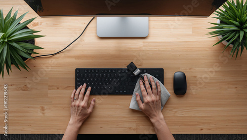 Hands cleaning computer keyboard with brush and cloth at desk image photo