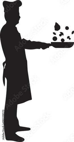 Silhouette of a Master Chef: A culinary artist in silhouette tosses ingredients in a frying pan, embodying the art and precision of the kitchen. 
