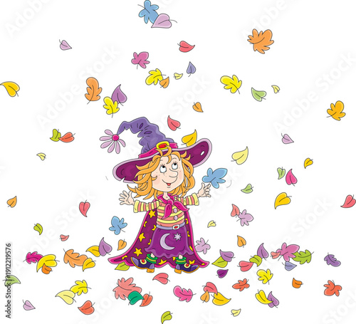Happy little witch enjoying falling and swirling colorful autumn leaves, vector cartoon illustration isolated on a white background