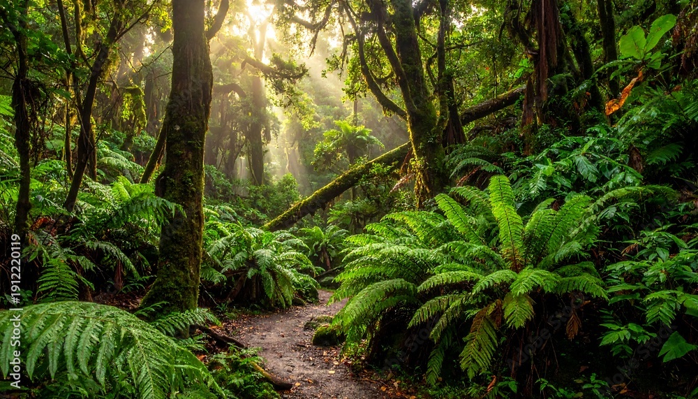 Fototapeta premium Lush, dense forest scene bathed in sunlight, with ferns and trees creating a vibrant and verdant atmosphere. A dirt path winds through the forest