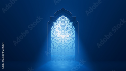 Blue moon light shine through the ornate window into Islamic mosque interior. Ramadan Kareem Islam background. Traditional holiday elegant 3d backdrop.