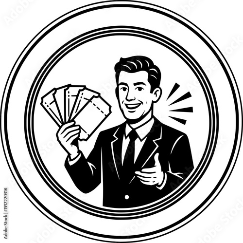 Smiling businessman holding a fan of tickets or documents. Vintage line art illustration of a man in a suit inside a circular frame. Concept of winner, lottery, success, and ticket sales.