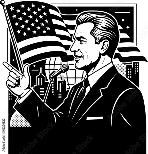 American politician giving a speech. Retro line art illustration of a man in a suit speaking at a microphone with the USA flag and city skyline in the background. Concept of elections, patriotism, and
