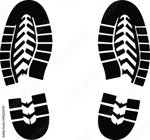 Black shoe prints with chevron tread pattern, footwear silhouette design, walking trail symbol, hiking boot impression, footprint vector illustration