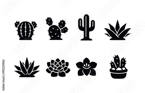 Desert flora like cacti and succulents. Filled icon set of Desert flora like cacti and succulents: cactus plant, prickly