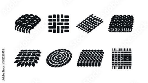 Home rug materials. Filled icon set of Home rug materials: wool rug texture, cotton weave, jute fiber mat, synthetic